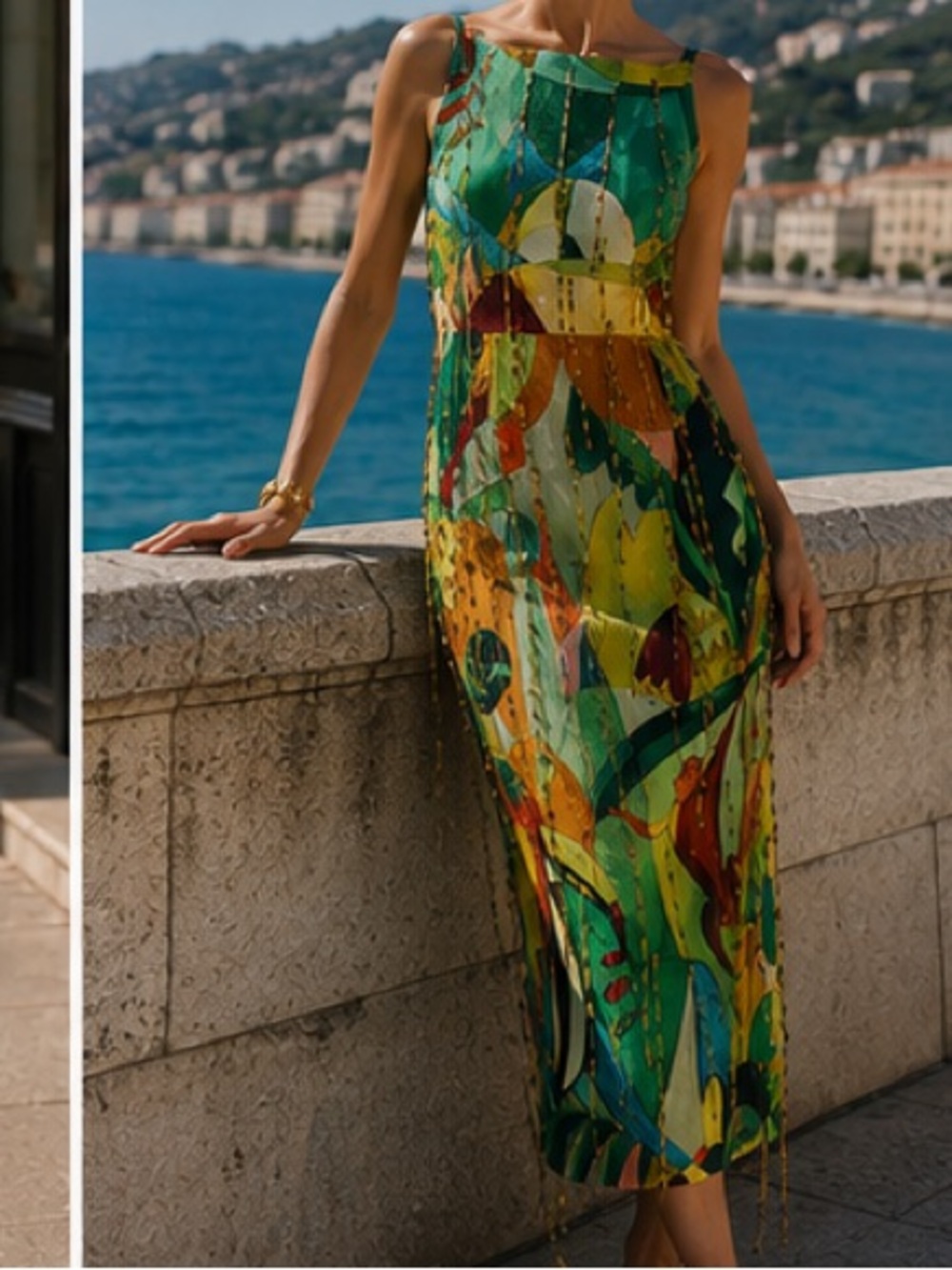 Alemais Mokshini Beaded fringed Green Multi-Color Abstract Print Midi Dress - Picture 10 of 13